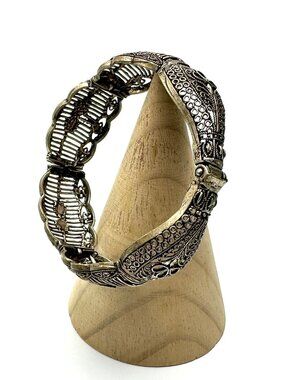 Vintage Filigree Hinged Clamper Bracelet — Ornate Ottoman Design — EUC